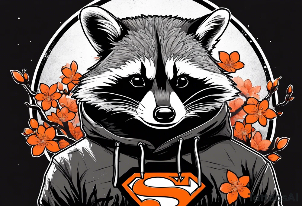 Raccoon wearing a white Superman logo on a black hoodie and orange Japanese cherry blossoms beside tattoo idea