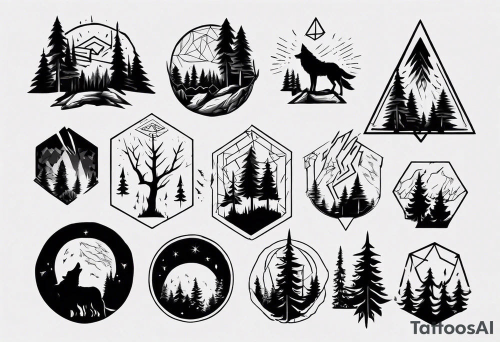lightning over forest with wolf howling tattoo idea
