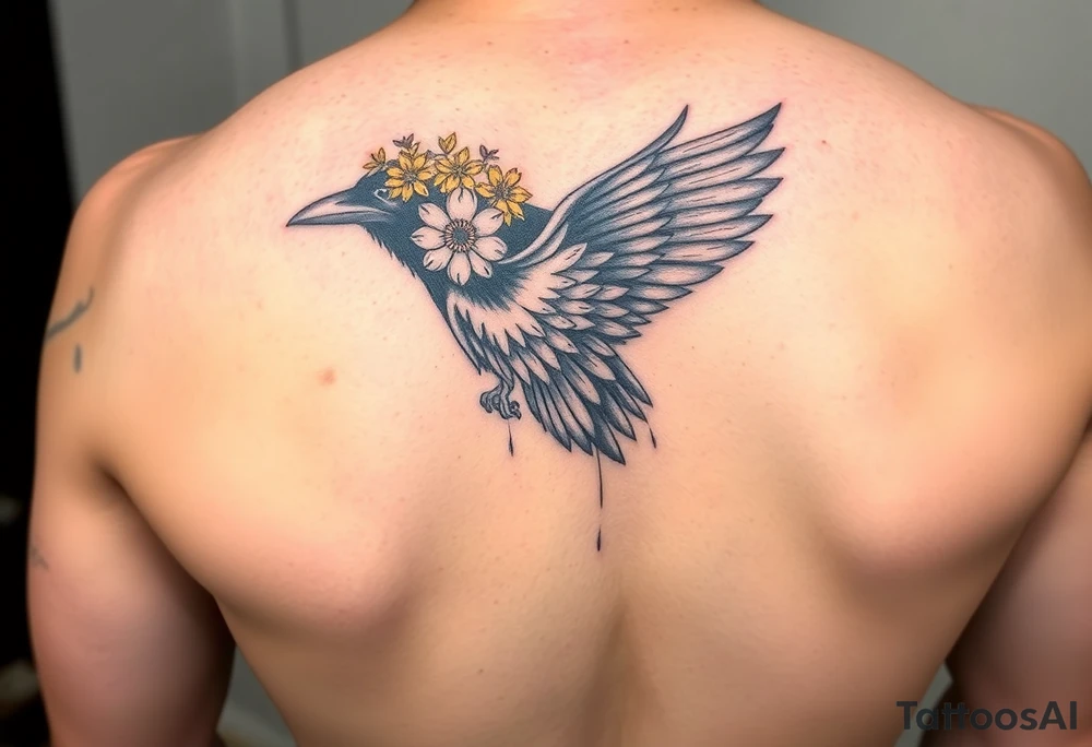 Crow with yellow flower crown and brown wing tattoo idea