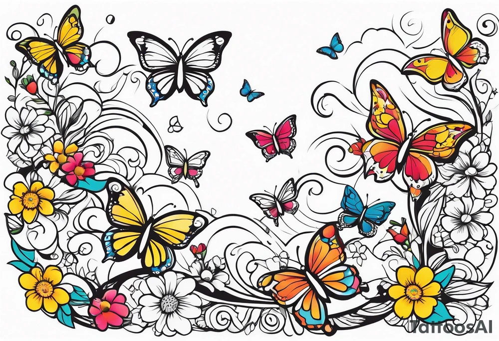 Butterflies flying around trail of flowers tattoo idea