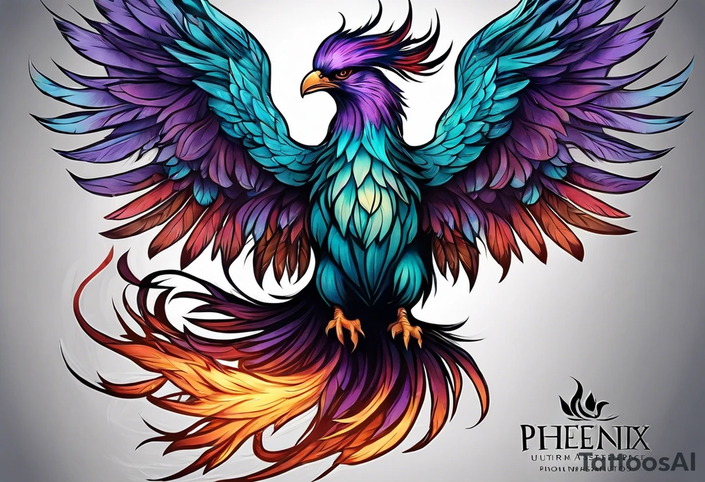 Phoenix on hip down into thigh with feathers that have teal purple and blue from the Ashes I rise tattoo idea