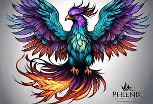 Phoenix on hip down into thigh with feathers that have teal purple and blue from the Ashes I rise tattoo idea