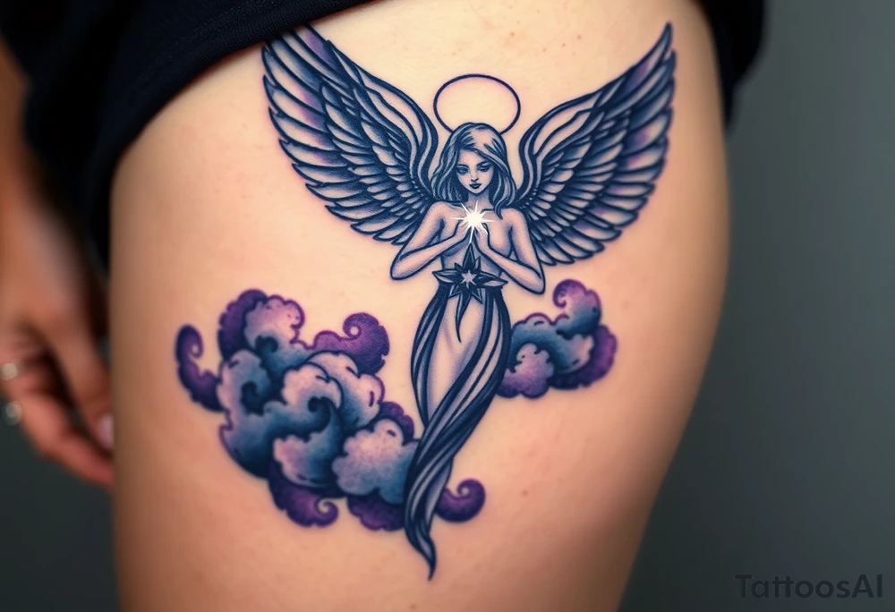 A celestial seletal angel figure  with dark wings and a radiant star in the center of its chest, surrounded by clouds of dark blue and deep purple. tattoo idea