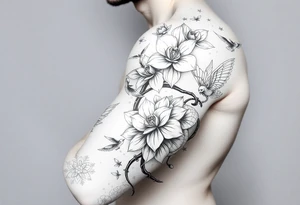 Orchid or cherry blossom tree and lotus and snake and angels on a woman tattoo idea