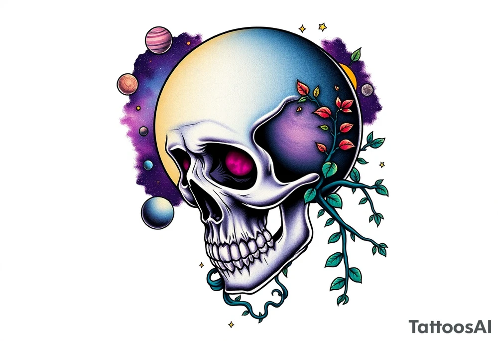 gothic skull as the moon and life as the sun. intertwined with climbing  vines as space dust connecting planets and galaxy in background of skull really bright colors used for the planets and stars shade's of Purple, Blue and black as the backdrop for galaxy tattoo idea