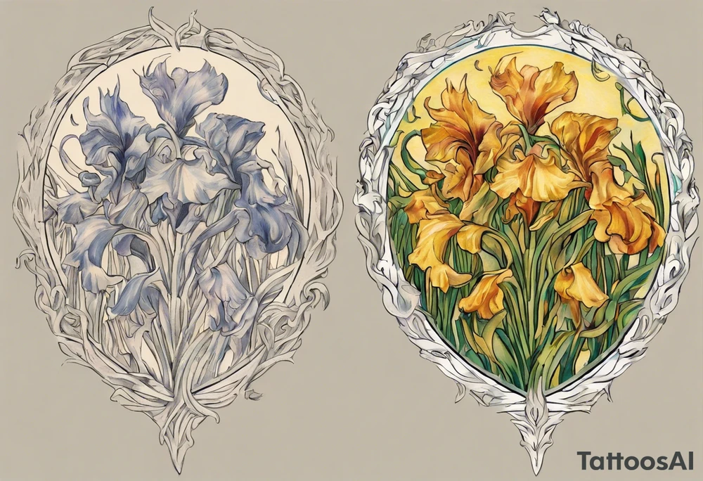 Create a colorful Vincent van Gogh Irises tattoo with Athena's shield and spear. The tattoo should take the form of a crescent, with vines gracefully intertwining at a central point in the middle of the wreath.  The intended placement is on the upper chest. The overall design should be small in size while maintaining a delicate and artistic aesthetic. Pay attention to the graceful flow of the vines and the placement of the irises to achieve a refined and elegant look. tattoo idea