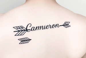 1 fine line  feminine arrow that incorporates the name Cameron and another fine line feminine arrow that incorporates the name Connor tattoo idea