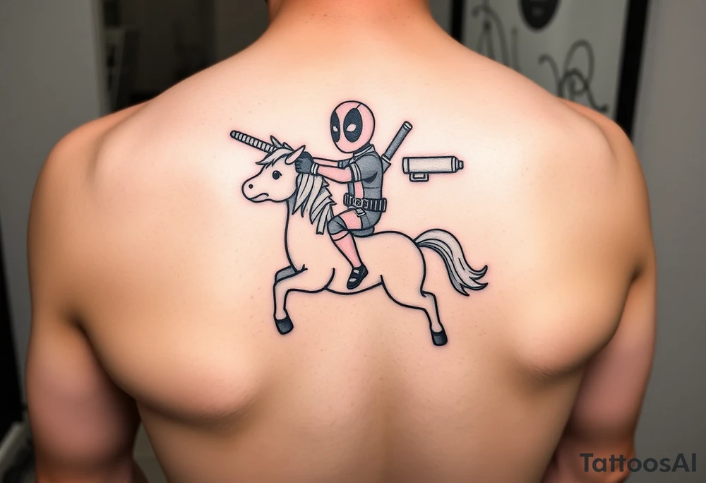Deadpool riding unicorn pointing rocket propelled grenade launcher tattoo idea