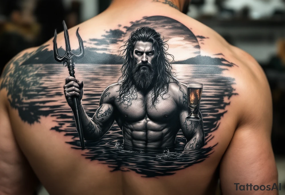 young, fit poseidon in calm water, holding a trident, holding a beer, with sunset tattoo idea