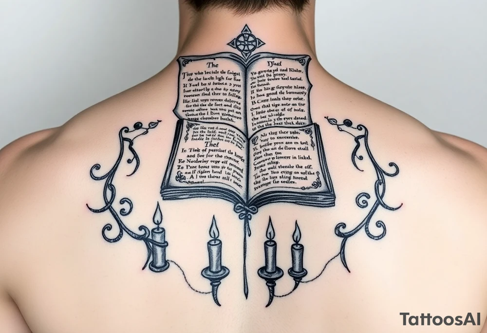 Ancient grimoire levitating above occult runes and candles showing an invocation spell on its pages tattoo idea
