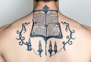 Ancient grimoire levitating above occult runes and candles showing an invocation spell on its pages tattoo idea