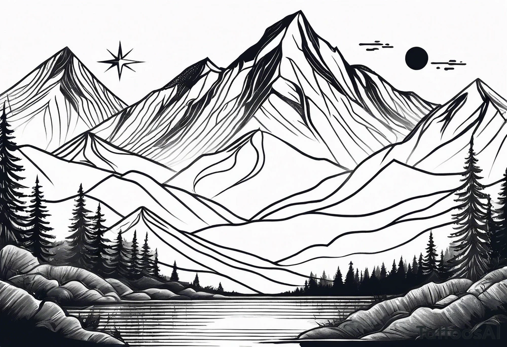 Mountain Skyline with one High Peak. Water in Front. Mountain Peak with circle dotted Line. Two Stars. Mountain and water Run Out flat in the side tattoo idea