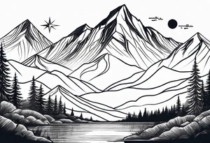 Mountain Skyline with one High Peak. Water in Front. Mountain Peak with circle dotted Line. Two Stars. Mountain and water Run Out flat in the side tattoo idea