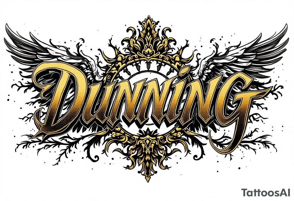 Dunning, details include bold strong font, gold highlights, theme of wealth and angel wings, Trees tattoo idea