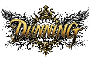 Dunning, details include bold strong font, gold highlights, theme of wealth and angel wings, Trees tattoo idea