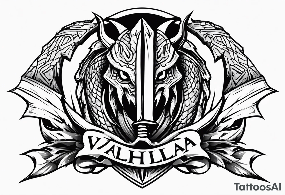 Valhalla sword shield dragon head axe tattoo idea