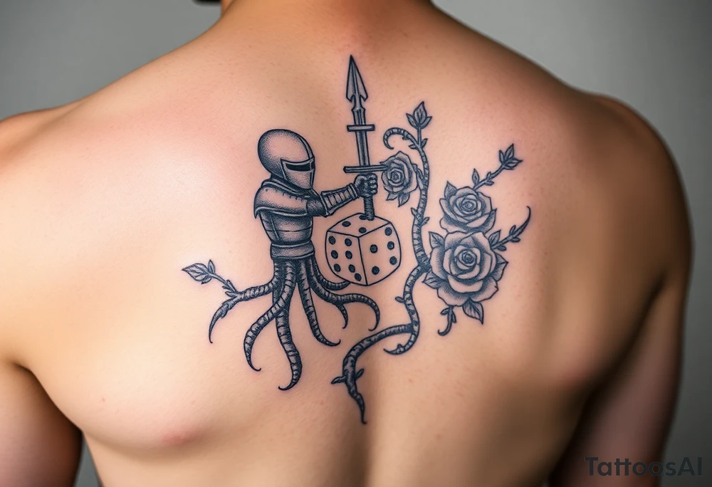 knight and squid intertwined with tree roots and roses rolling dice tattoo idea