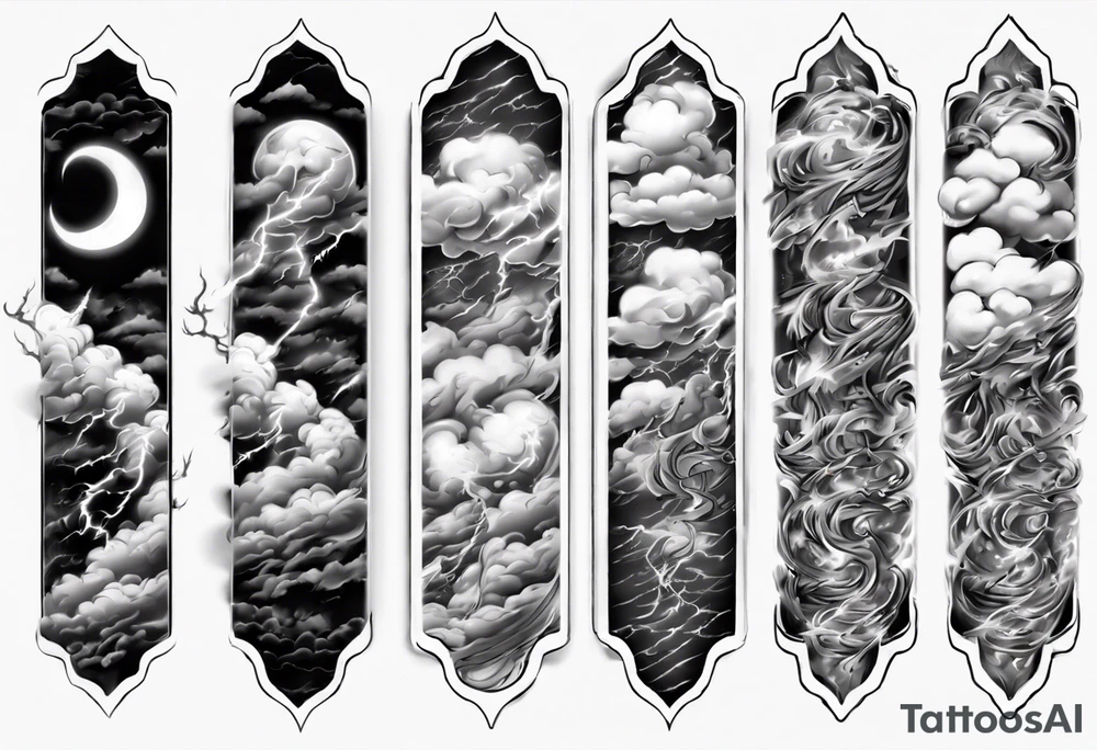 forearm sleeve lightning and clouds pattern tattoo idea