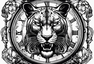 Brain and angry cougar inside hourglass tattoo idea