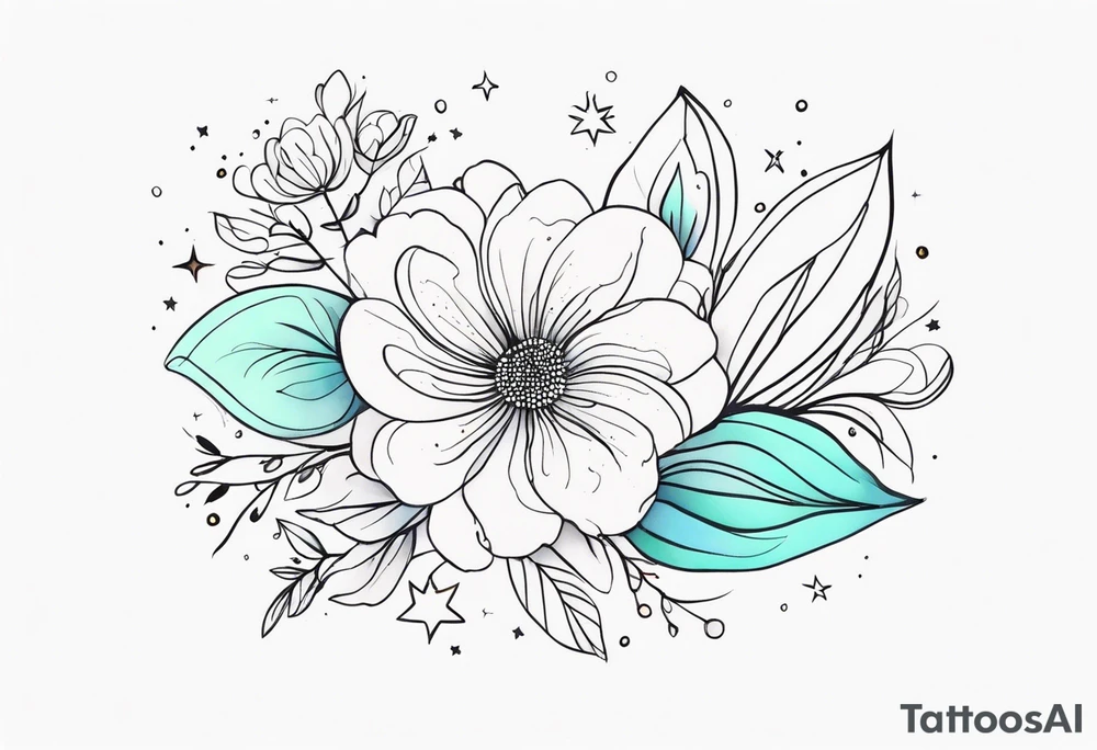 fine line floral with stars, swirls, dots tattoo idea