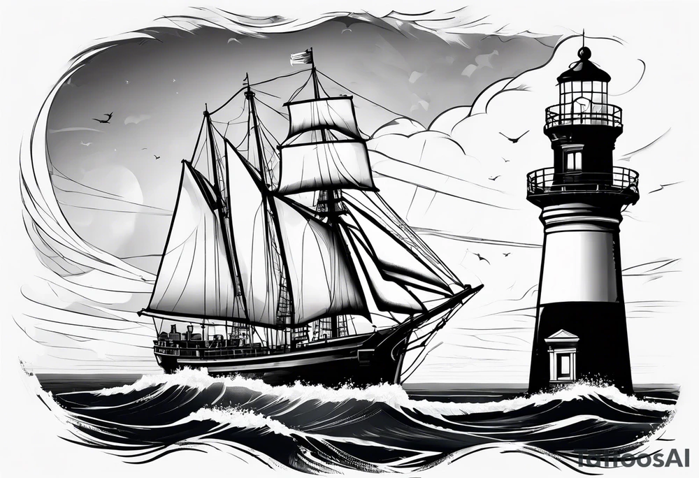 maritime lighthouse partially hidden by its  large fixed sails. tattoo idea