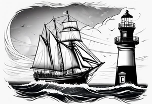 maritime lighthouse partially hidden by its  large fixed sails. tattoo idea