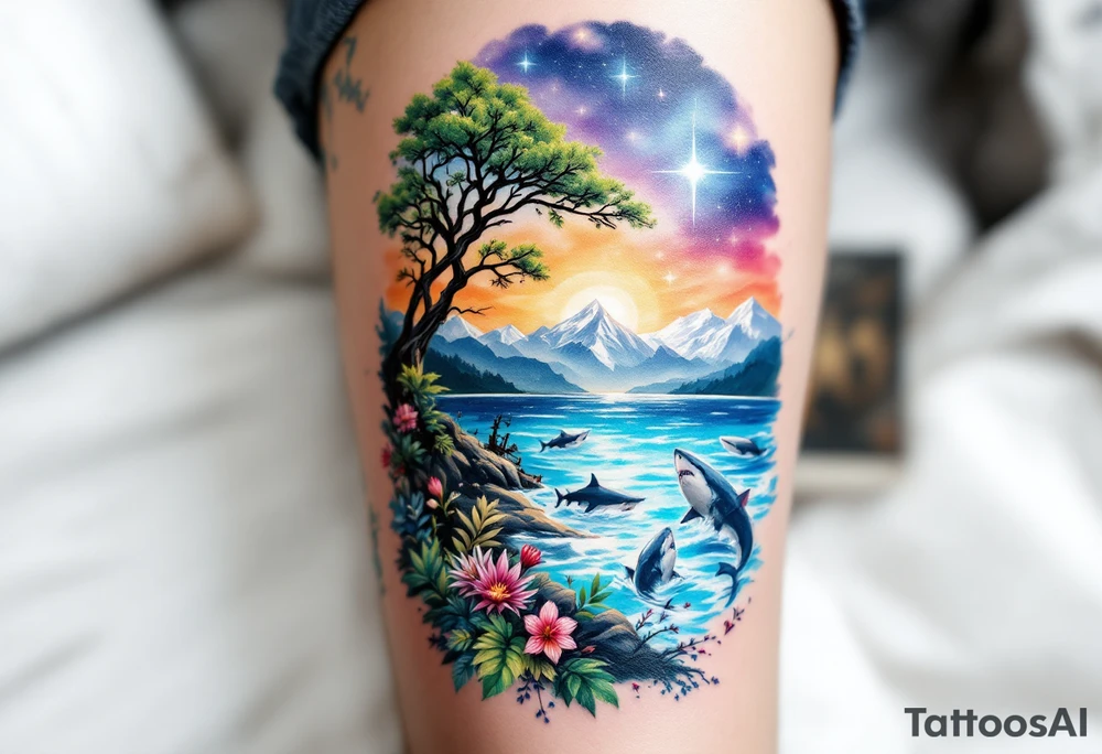 tattoo that has an acacia tree with forest mountains, ocean with a ship wreck with sharks and the bright northern star tattoo idea