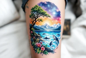 tattoo that has an acacia tree with forest mountains, ocean with a ship wreck with sharks and the bright northern star tattoo idea