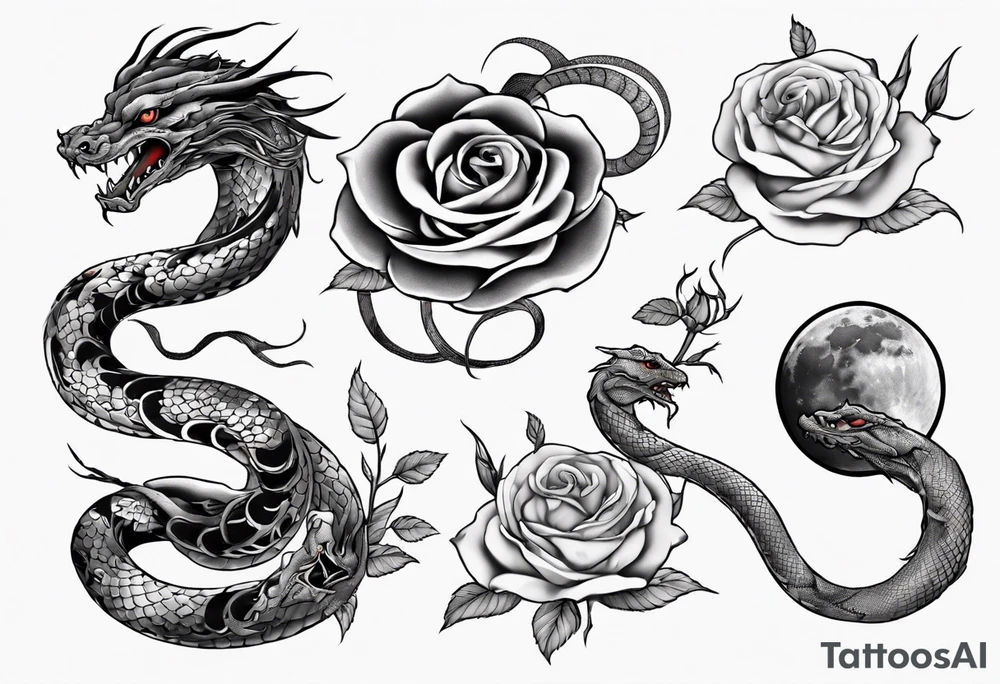 snake Japanese dragon with moon and roses tattoo idea