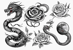 snake Japanese dragon with moon and roses tattoo idea