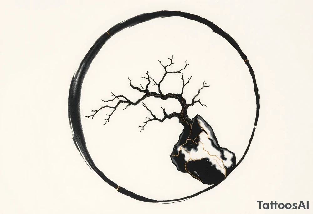 A Japanese‑inspired tattoo of a very thick Zen ensō circle, drawn with a bold, hand‑painted black ink brushstroke. The circle is imperfect and organic, with visible texture and subtle variation in line thickness. About the last quarter of the circle, near the top‑right, transforms into a cracked ceramic segment that has been repaired using kintsugi: visible broken pieces outlined and joined by thin, flowing gold lines. There should be a couple big pieces of ceramic and no small ones. The circle and the ceramic part should have the same thickness. The gold seams follow the natural fractures of the ceramic section, creating several branching cracks rather than a single line, clearly distinguishing this repaired portion from the rest of the smooth ink circle. The transition from ink to ceramic should feel natural, as if the painted circle solidifies into a fragile object that has been lovingly mended. The ceramic shall seamlessly flow into a rock from which a tree of life sprouts. Design it as a black and gray tattoo with a subtle metallic gold effect on the kintsugi seams, suitable for a medium‑sized placement on the back of the bicep. tattoo idea