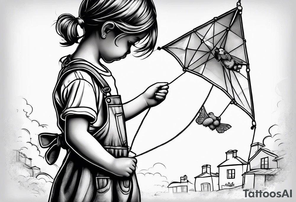 back image of a little girl in a dress, holding a kite , a teddy bear in overalls standing beside her tattoo idea