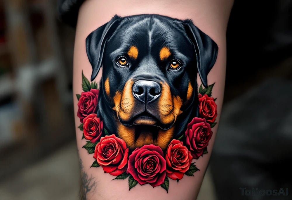 Rottweiler with Rose Wreath – A calm Rottweiler portrait surrounded by red and deep burgundy roses. Use full color with high contrast between the dark fur and bright petals. tattoo idea