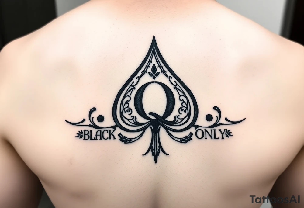 A spade womb tattoo with a Q in the center, with three points around the outside. The first reading, "BLACK". The second reading, "SEED". The third reading, "ONLY". tattoo idea