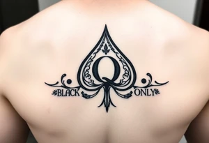 A spade womb tattoo with a Q in the center, with three points around the outside. The first reading, "BLACK". The second reading, "SEED". The third reading, "ONLY". tattoo idea