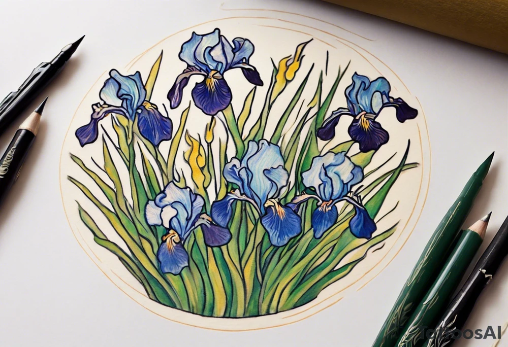 Create a small Vincent van Gogh Irises tattoo. The tattoo should take the form of a crescent, with vines gracefully intertwining at a central point in the middle of the wreath with a bird. Ensure that the design avoids the appearance of a bush and maintains a more structured and deliberate arrangement. The intended placement is on the upper chest. The overall design should be small in size while maintaining a delicate and artistic aesthetic. Pay attention to the graceful flow of the vines and the placement of the irises to achieve a refined and elegant look. tattoo idea