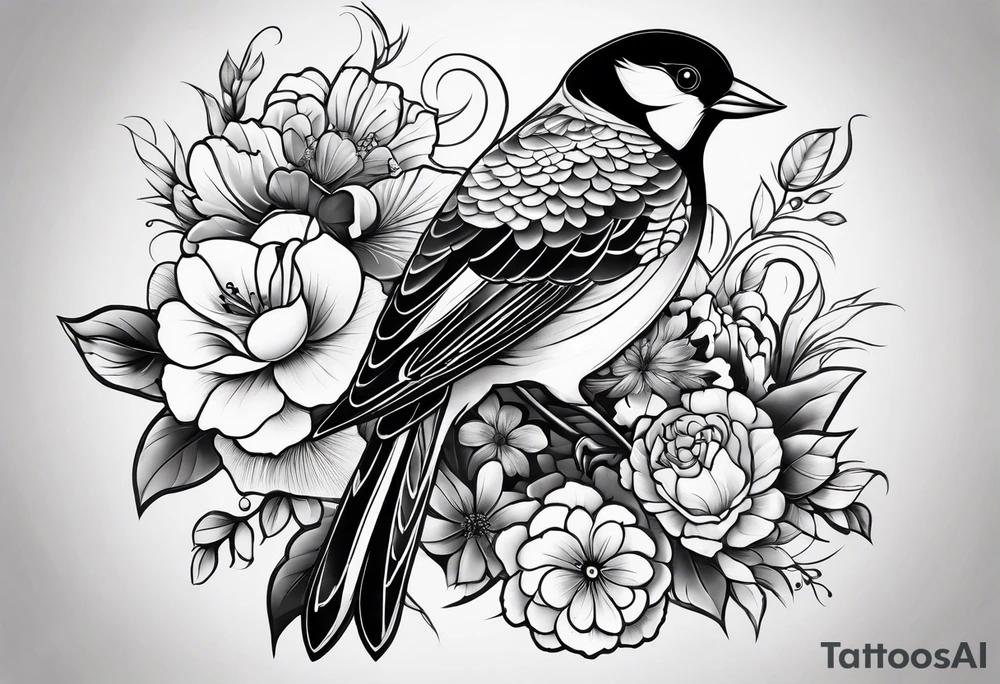 traditional style
leg sleeve with a bird and flowers tattoo idea