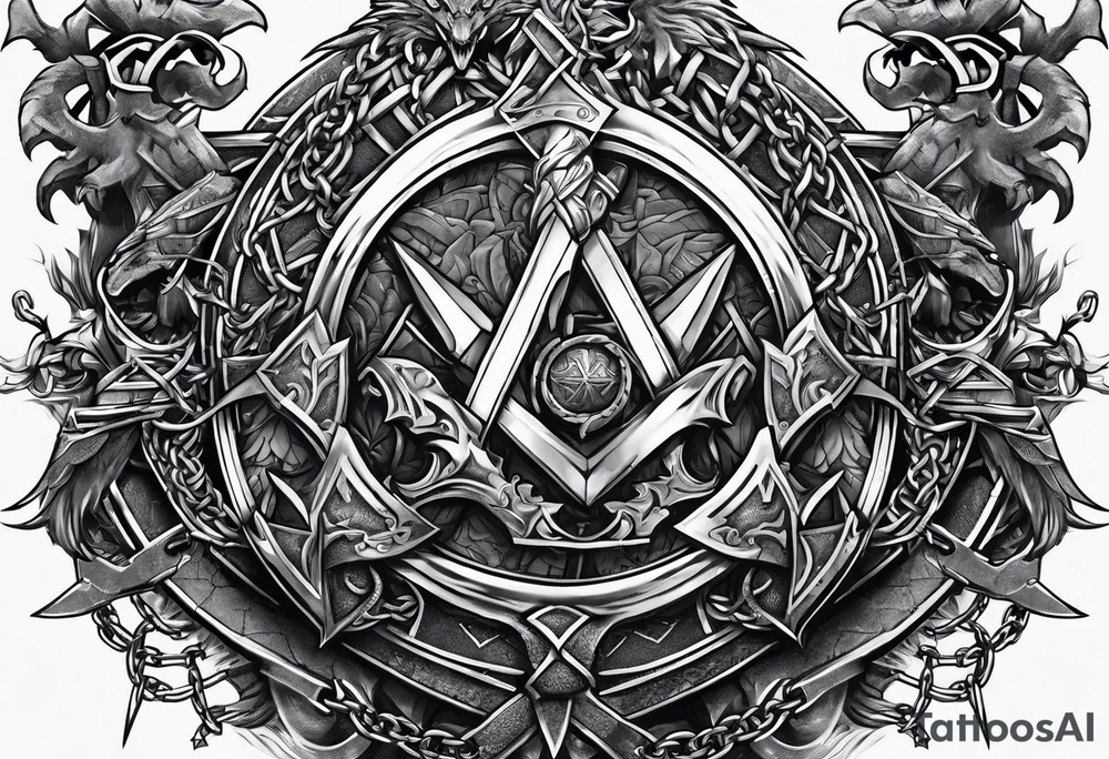 Valhalla sword shield dragon axe Valknut barbed wire chains tattoo idea
