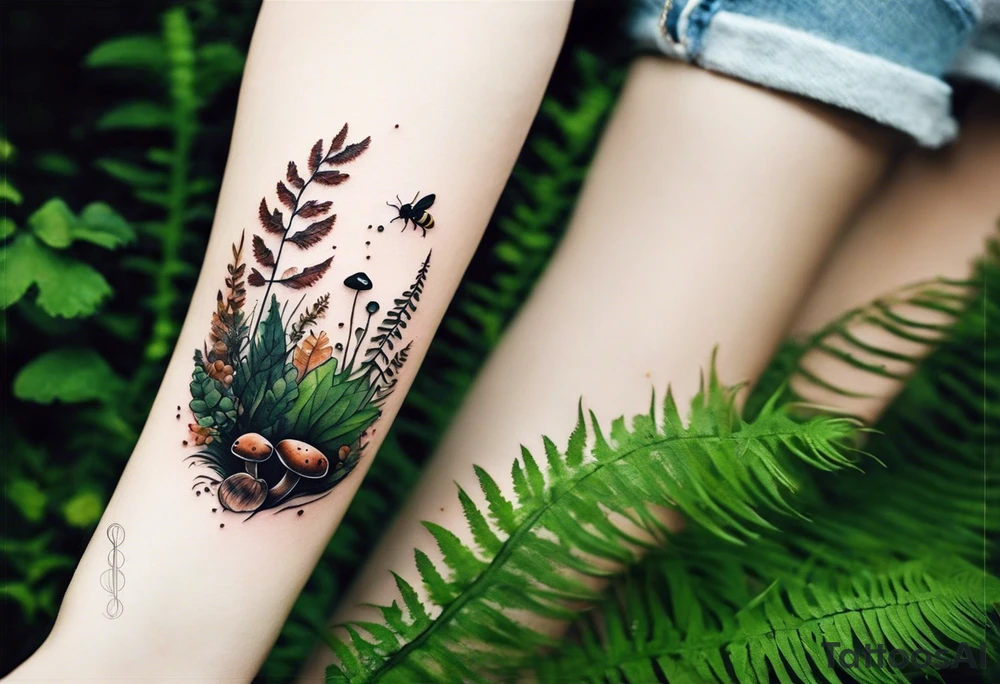 forest floor inspired minimalist tattoo, which includes grass, curly ferns, moss and dead leaves as the bulk of the tattoo. details to include: forest berries, a tiny bumblebee flying nearby, three small brown mushrooms
Generate a vertically long one tattoo idea