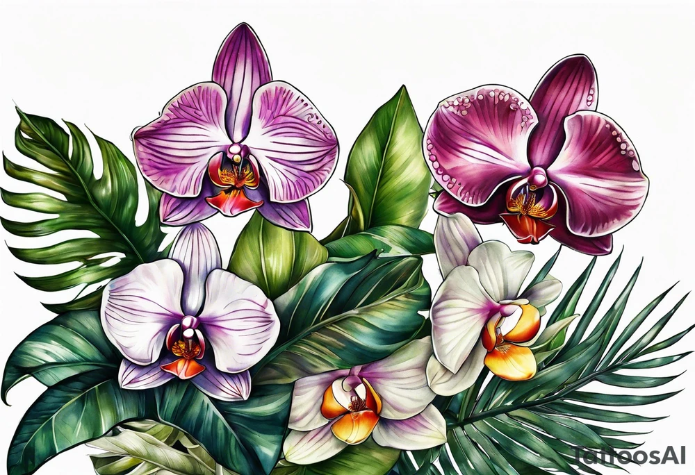 Tropical plants and orchids sleeve tattoo idea