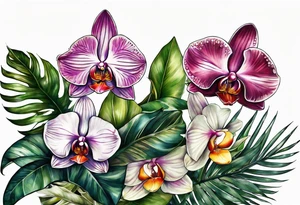 Tropical plants and orchids sleeve tattoo idea