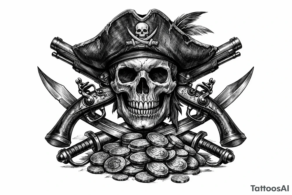 Black and grey skull with pirate hat, crossed flintlock pistols, sabers, and scattered gold coins. tattoo idea