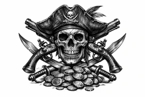 Black and grey skull with pirate hat, crossed flintlock pistols, sabers, and scattered gold coins. tattoo idea