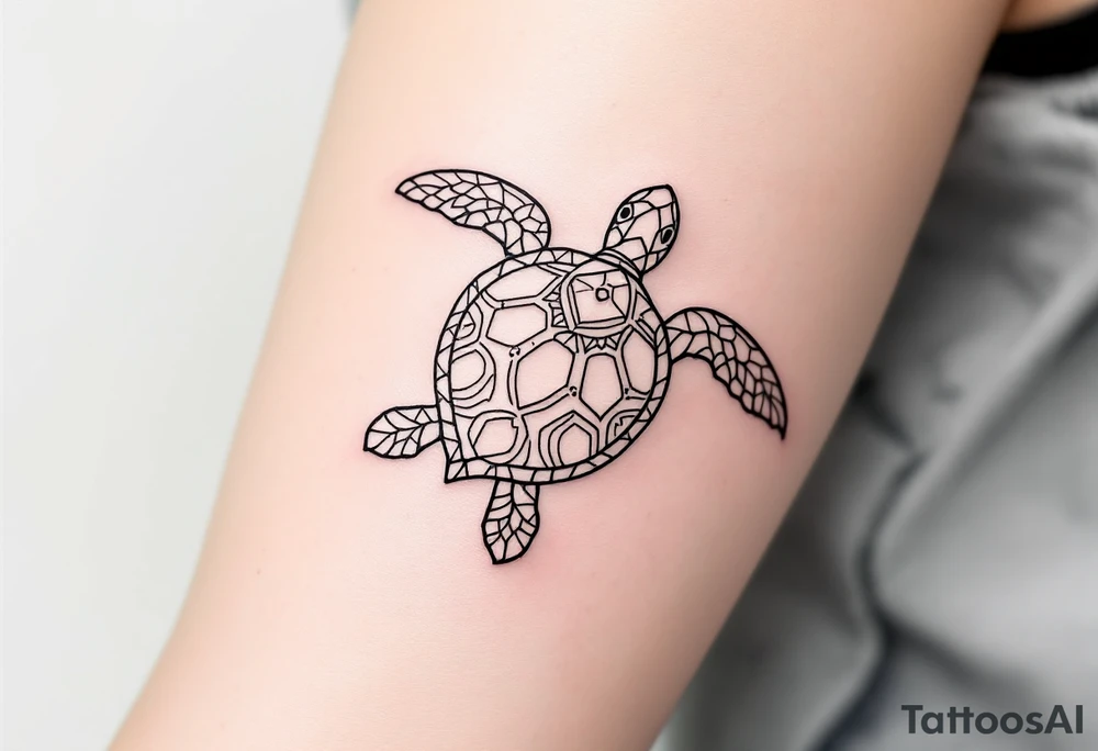 Minimalist fine-line sea turtle – A delicately outlined sea turtle in clean black ink, featuring simple, flowing lines with soft curve details on the shell and flippers. The shell is subtly patterned with geometric or mandala-style elements, creating a calm, elegant, and peaceful ocean-inspired design. tattoo idea
