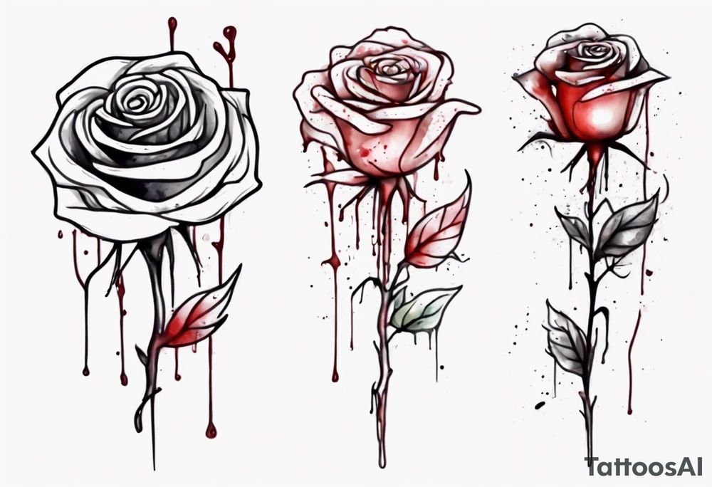 rose flower, one line, blood dripping from the flower, tall, watercolor tattoo idea