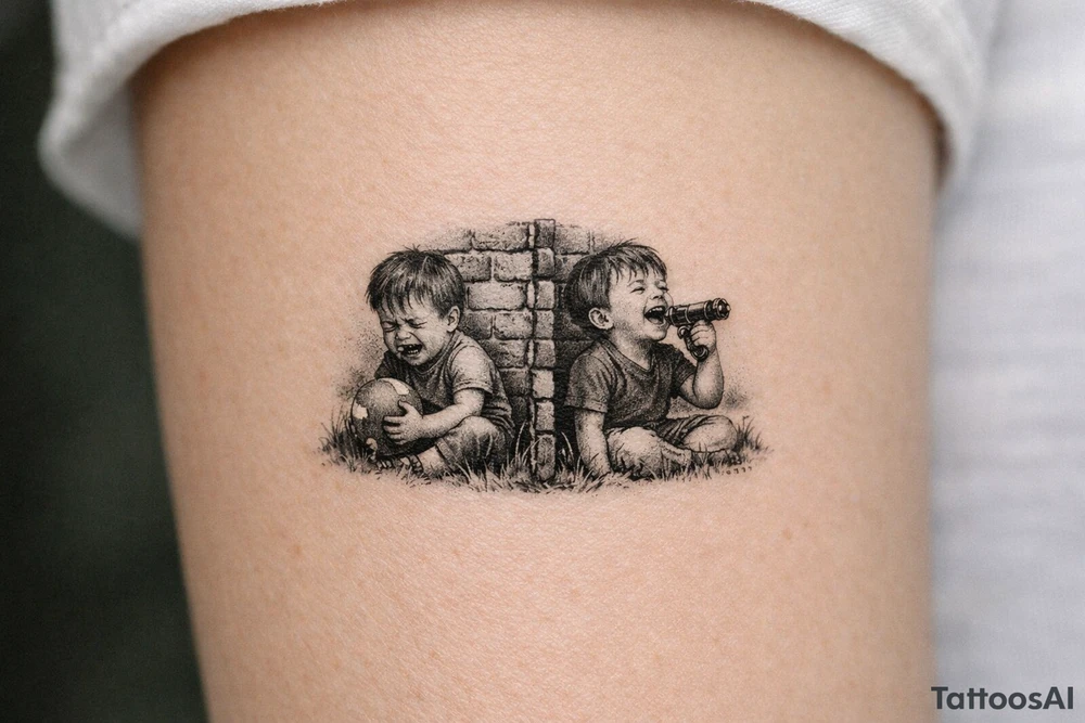 Due bambini, in stile realistico, colorato, seduti sull'erba, divisi da un muro di mattoni, uno piange mentre gioca con la palla, l'altro ride mentre si spara in bocca tattoo idea