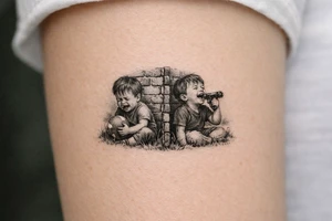 Due bambini, in stile realistico, colorato, seduti sull'erba, divisi da un muro di mattoni, uno piange mentre gioca con la palla, l'altro ride mentre si spara in bocca tattoo idea