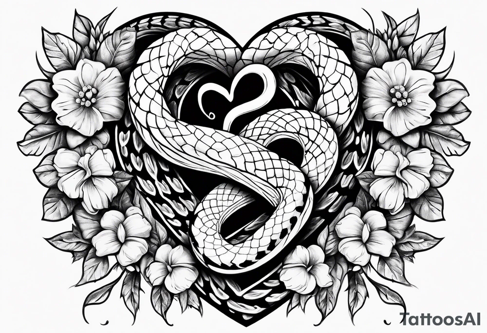 snakes wrapped around a heart with flowers tattoo idea