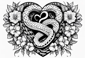snakes wrapped around a heart with flowers tattoo idea
