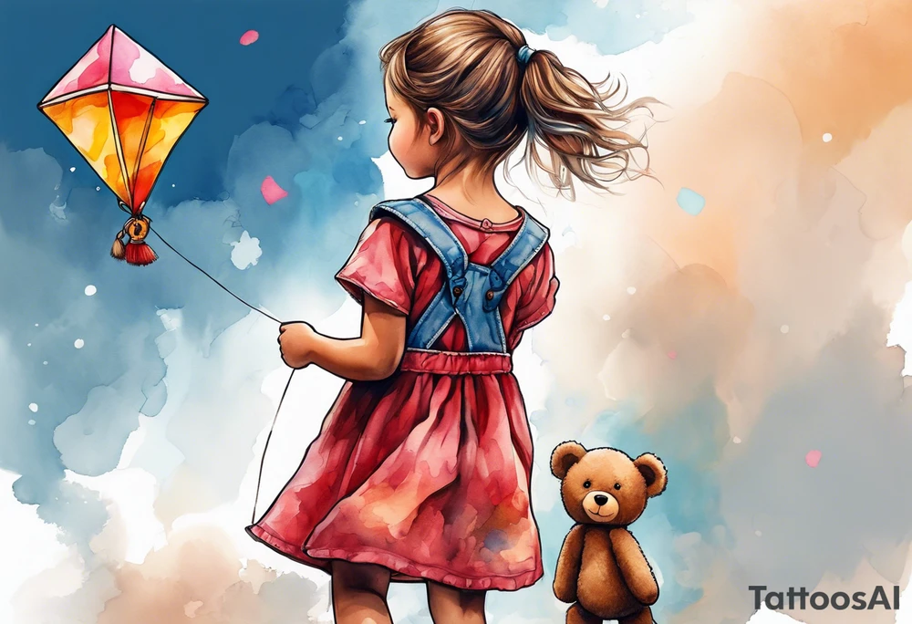 back image of a little girl in a dress, holding a kite , a teddy bear in overalls, standing beside her tattoo idea